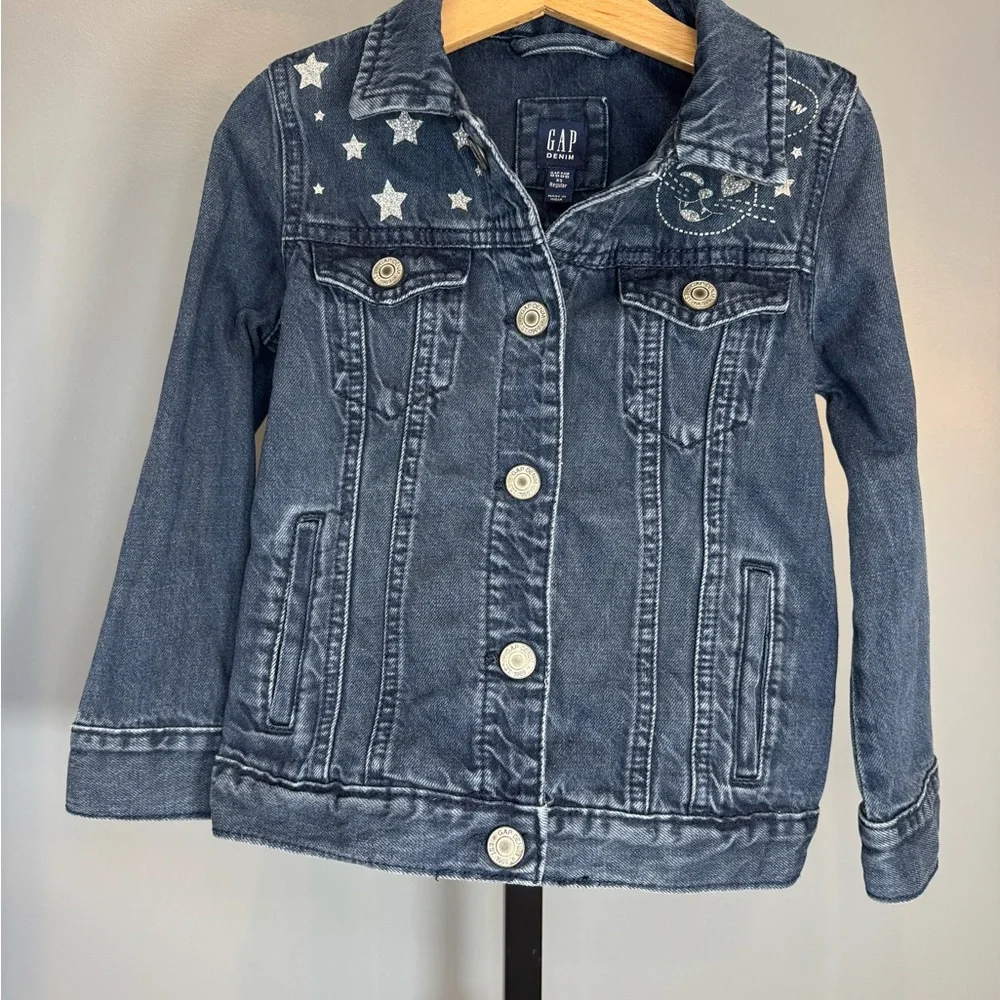 GAP Kids Star‎ Denim Jacket XS 4-5 Shooting Star Peace Sign Dark Indigo